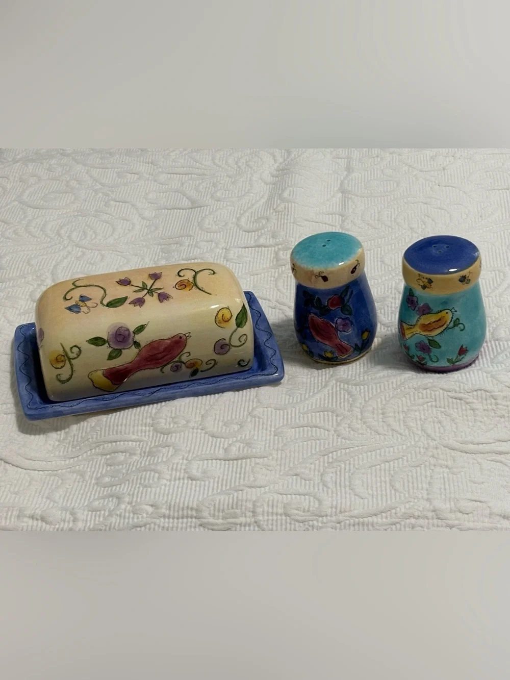 Covered Butter Dish & Salt & Pepper Shakers - “Birds and the Bees” By Sango